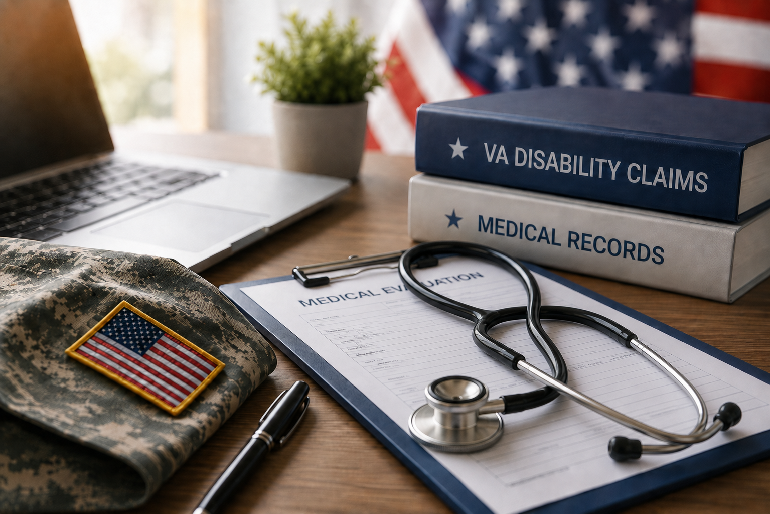 Veteran and medical examiner in consultation