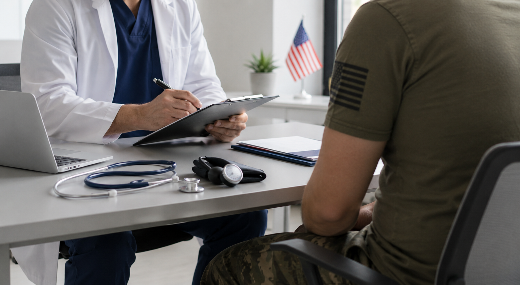 Veteran and medical examiner in consultation